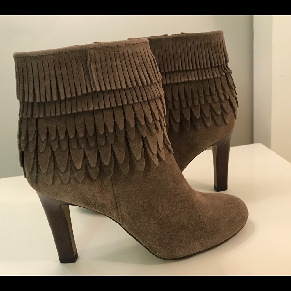 Isola Layton Taupe Suede Fringe Heel Bootie - 7.5